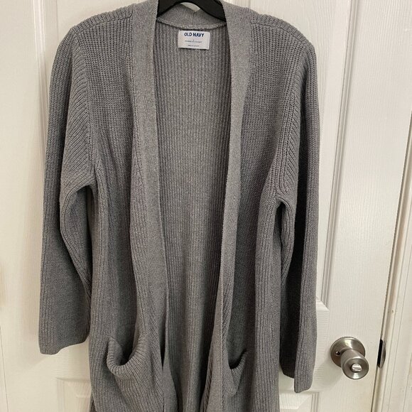 Old Navy Long Open Gray Cardigan Sweater with Pockets size L - Picture 1 of 5